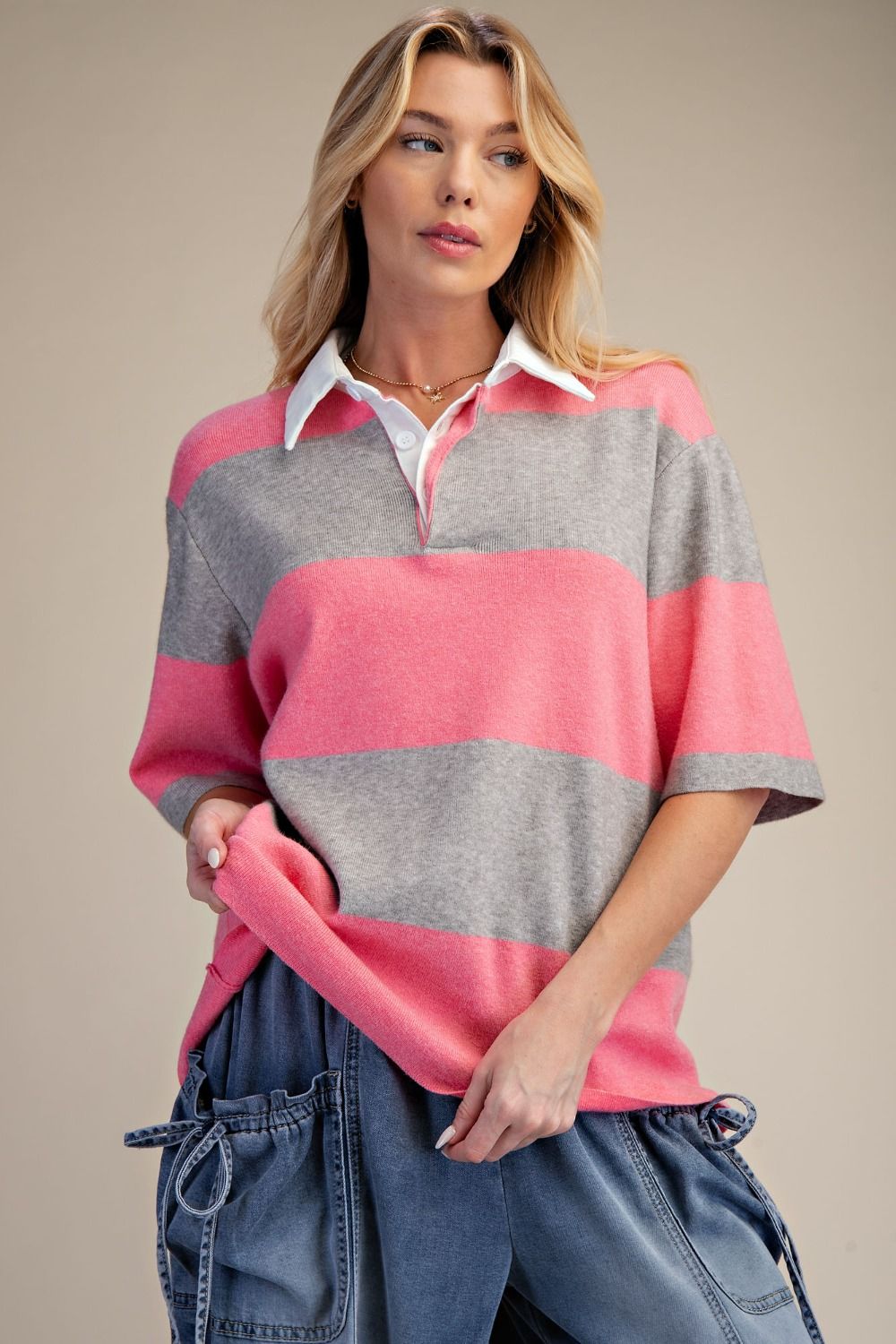 Pink & Grey Striped Rugby Top