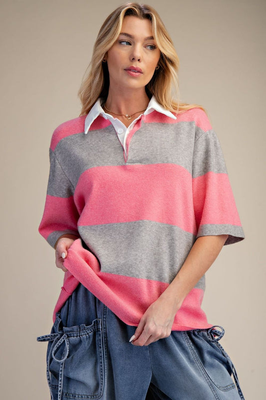 Pink & Grey Striped Rugby Top