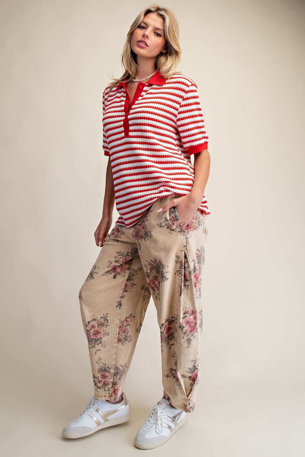 Red & White Striped Henley Sweater