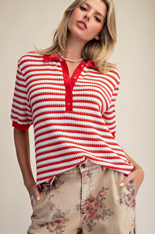 Red & White Striped Henley Sweater