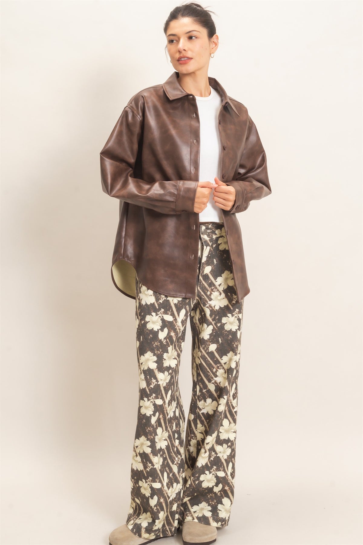 Faux Leather Button-Down Shirt- Brown