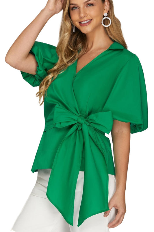 Surplice Side Tie Woven Top- Green