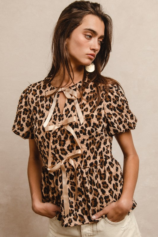 Leopard Puff Sleeve Pepulum Top