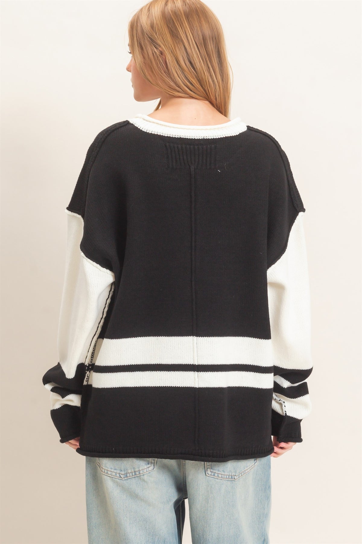 Black Striped Crew Neck Sweater