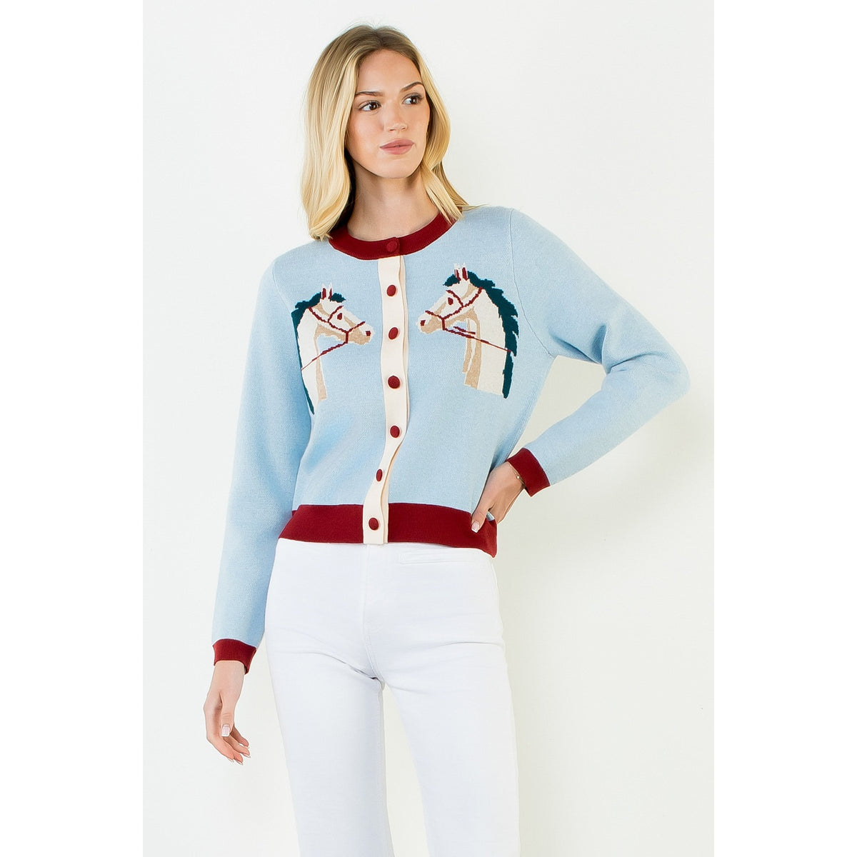 Lt Blue Double Horse Knit Cardigan