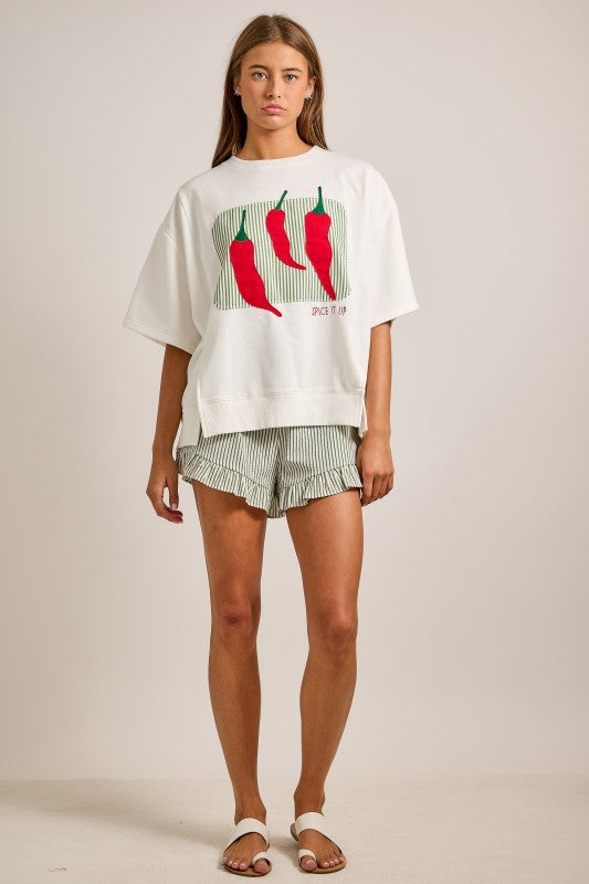 Oversized Bold Chili Pepper Appliqué Top