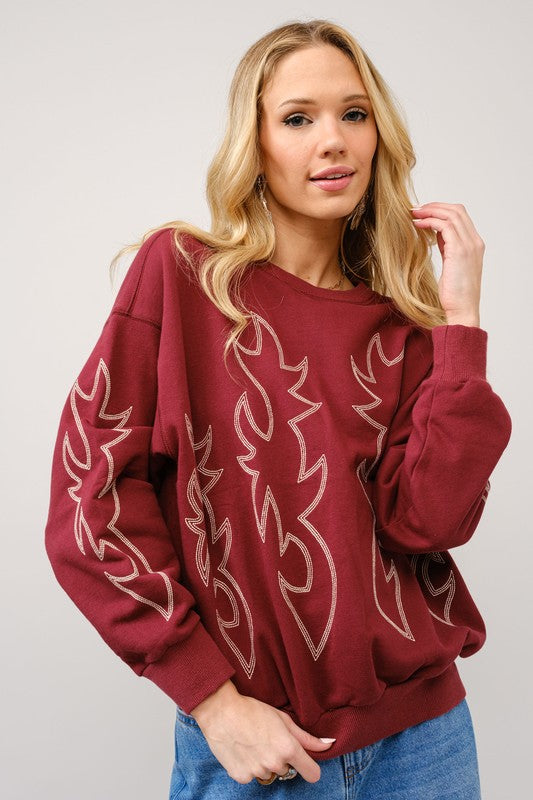 Red Western Boot Stitch Pullover Sweatshirt
