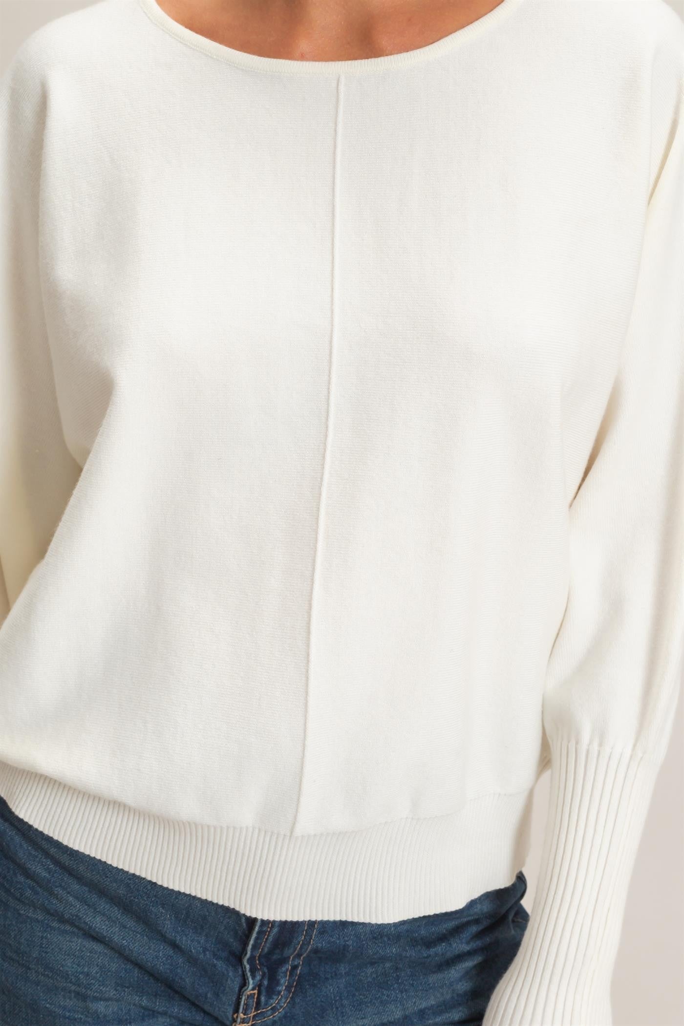 White Batwing Center Seam Sweater