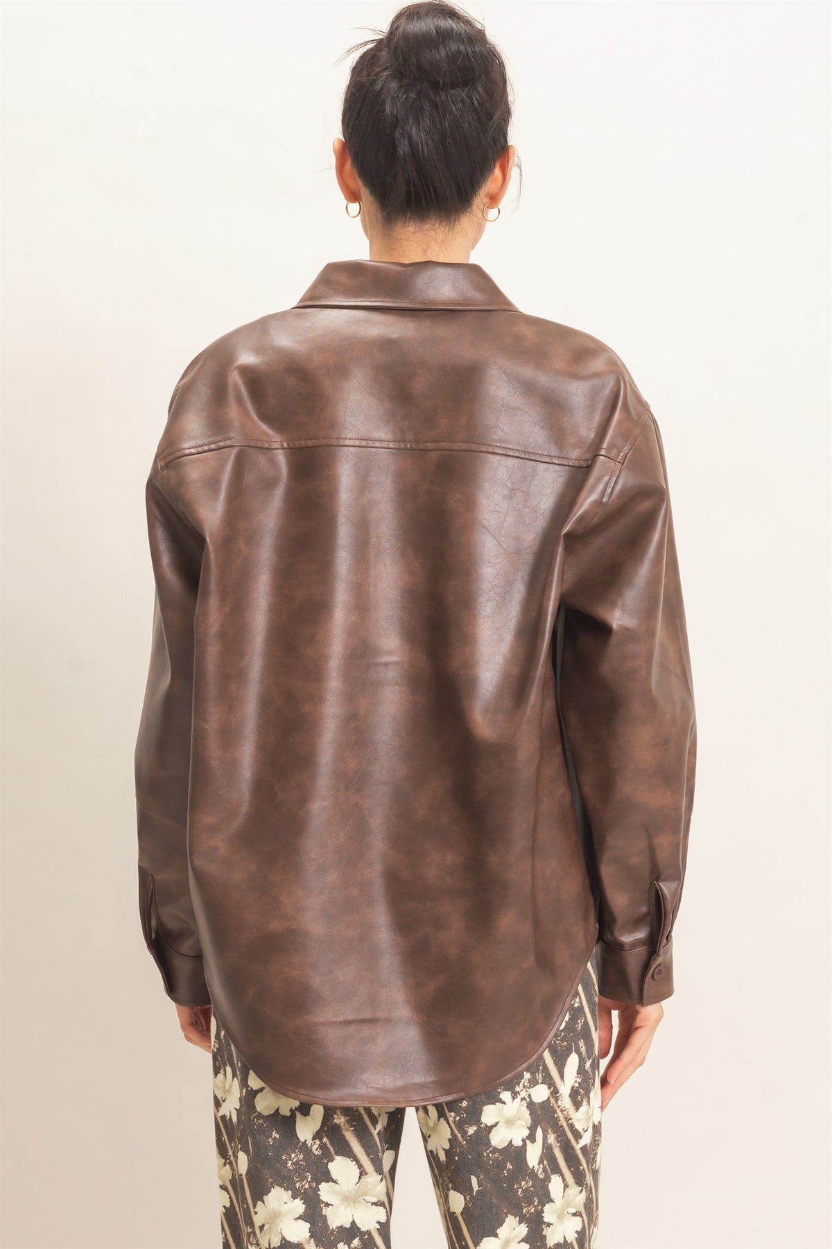 Faux Leather Button-Down Shirt- Brown