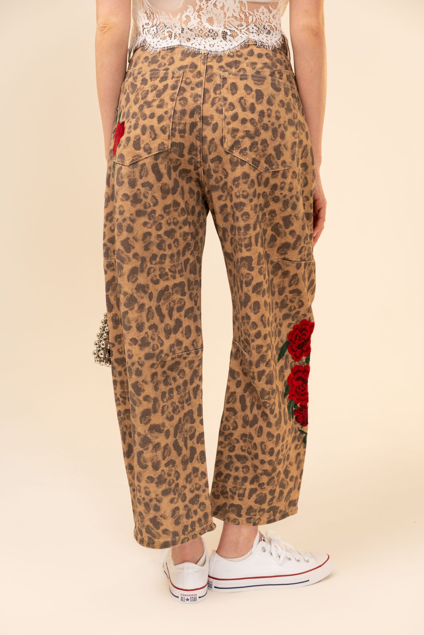 Rose Embroidered Leopard Barrel Pants