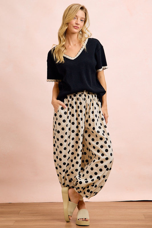 Polka Dot Printed Woven Elastic Waist Balloon Pant