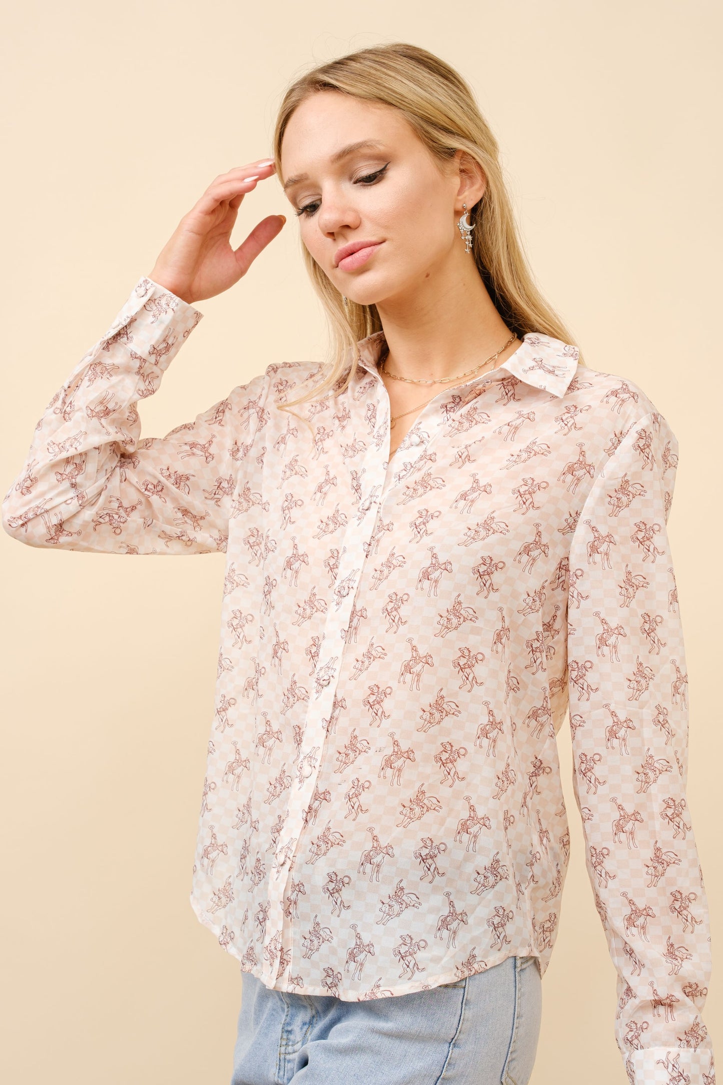 Ivory Chiffon Western Print Blouse