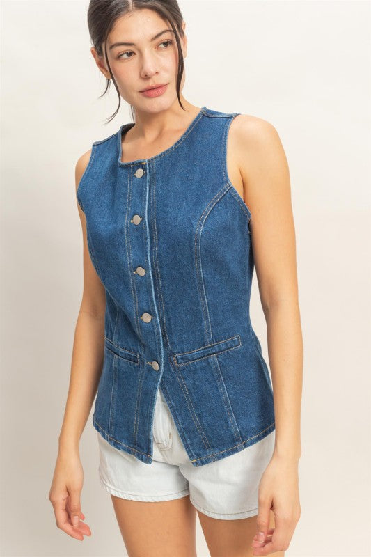 Button Front Denim Vest