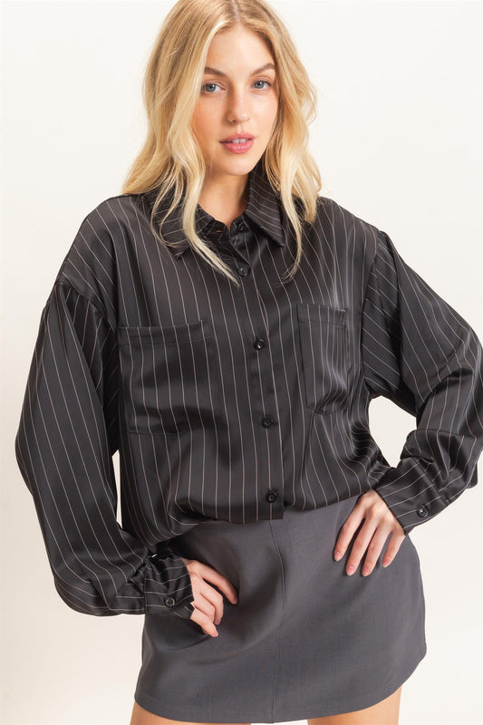 Black Pinstripe Button Up Top & Pant Set