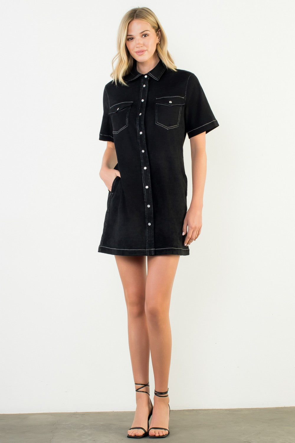 Black Short Sleeve Suede Feel Dress