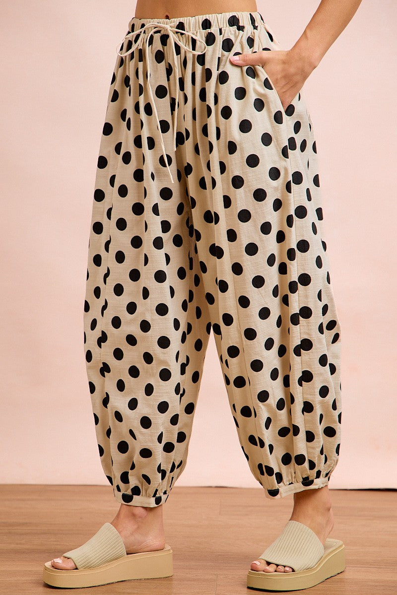 Polka Dot Printed Woven Elastic Waist Balloon Pant