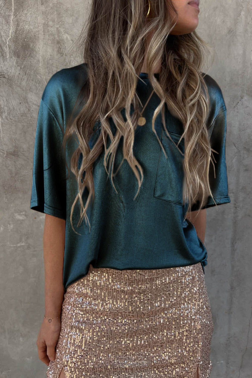 Green Shimmery Chest Pocket Top
