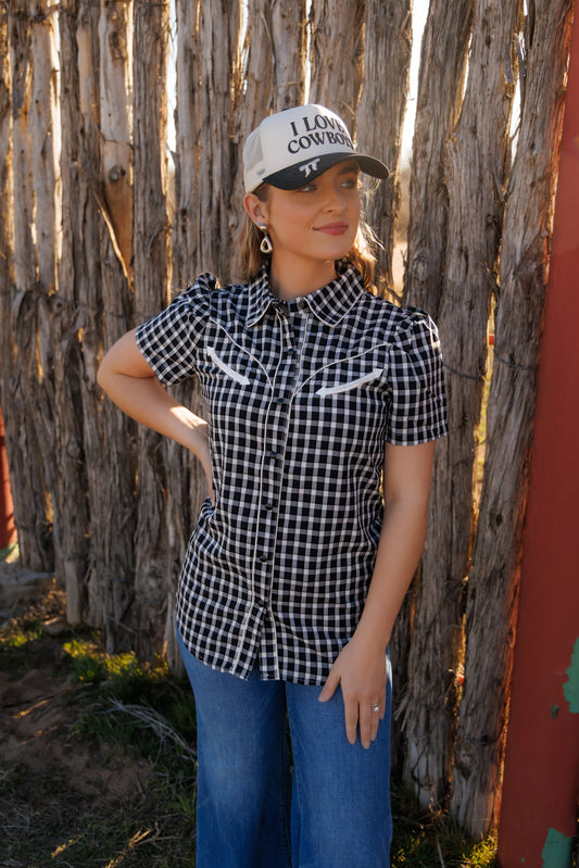 Black Gingham Pearl Snap Top