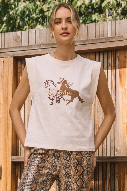 Yee Haw Horses Embroidery & Hot Fix Top