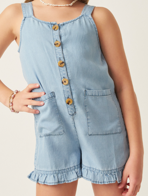 Girls Denim Ruffled Bottom Shorts Romper