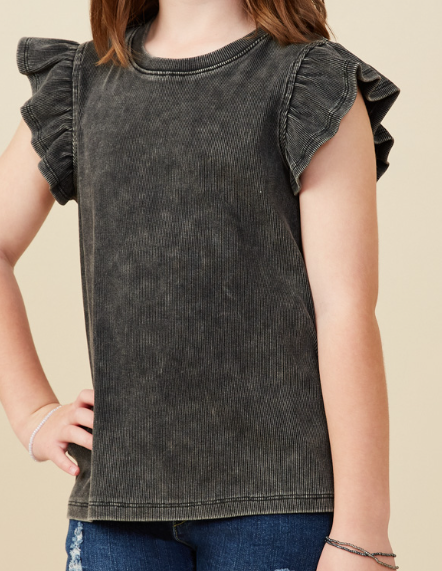 Girls Black Washed Ruffle Sleeve Top