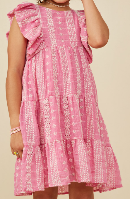 Girls Pink Eyelet Ruffled Sleeve Dress
