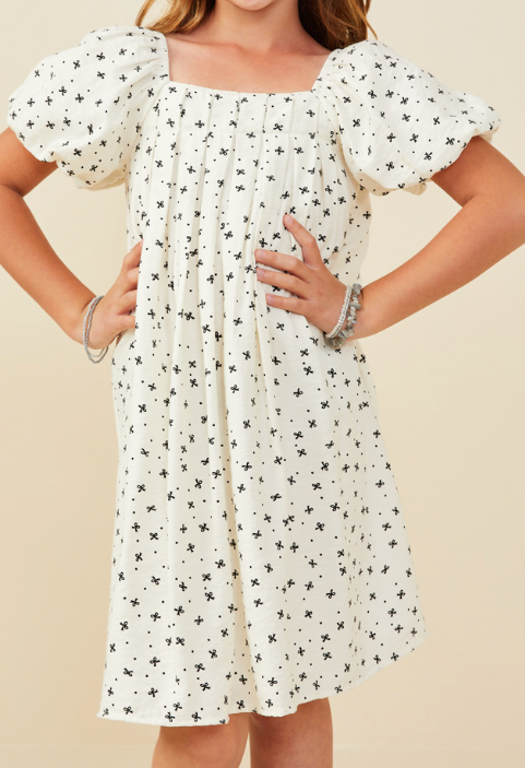 Girls Ivory & Bow Puff Sleeve Dress