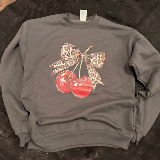 Leopard Bow & Cherries Gray Sweatshirt