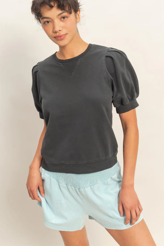 Puff Sleeve V-Stitch Crew Neck Top