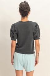 Puff Sleeve V-Stitch Crew Neck Top
