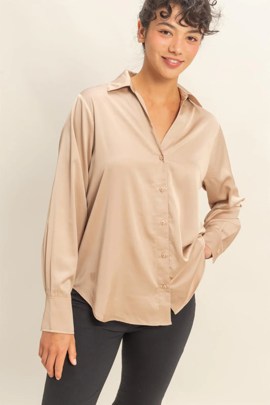 Taupe Satin Button Up Top