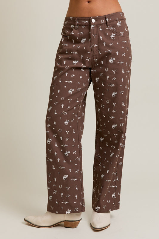 Brown Cowboy Graphic Wide Leg Pant