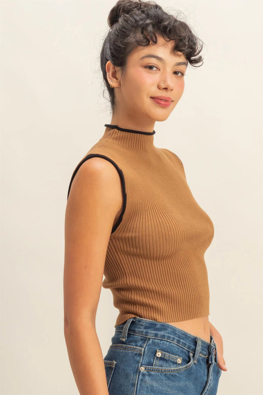 Taupe & Black Ribbed Sleeveless Top