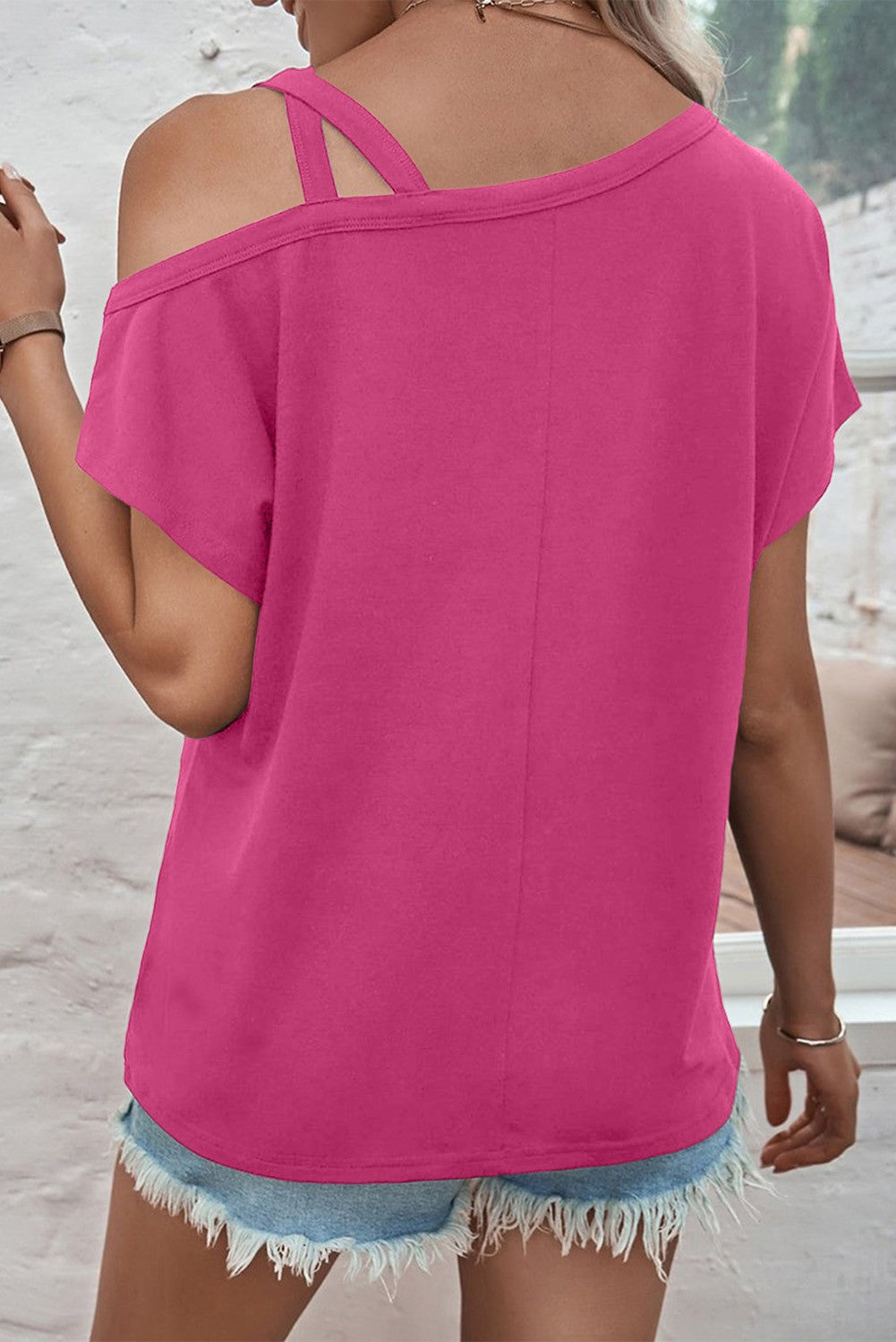 Pink Asymmetric Criss Cross One Shoulder T Shirt