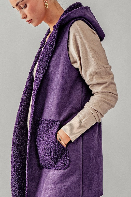 Purple Faux Suede Sherpa Lined Vest with Hoodie
