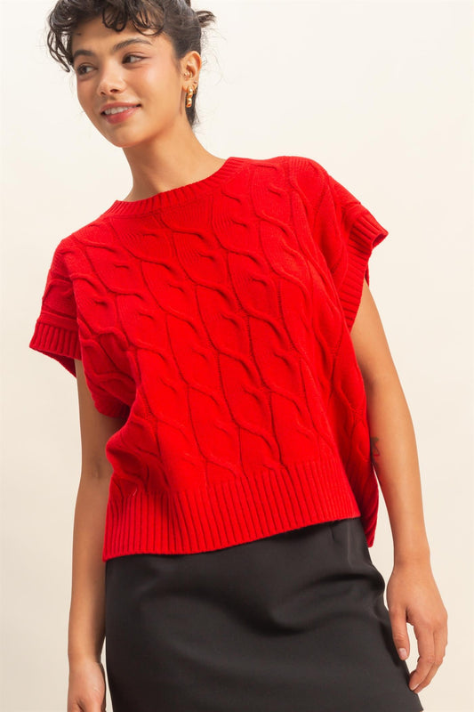 Red Cable Knit Sleeveless Sweater