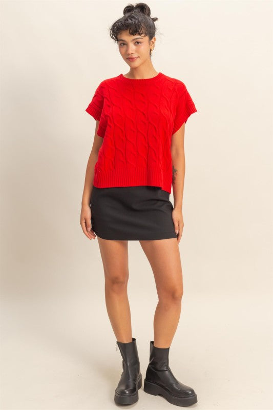 Red Cable Knit Sleeveless Sweater