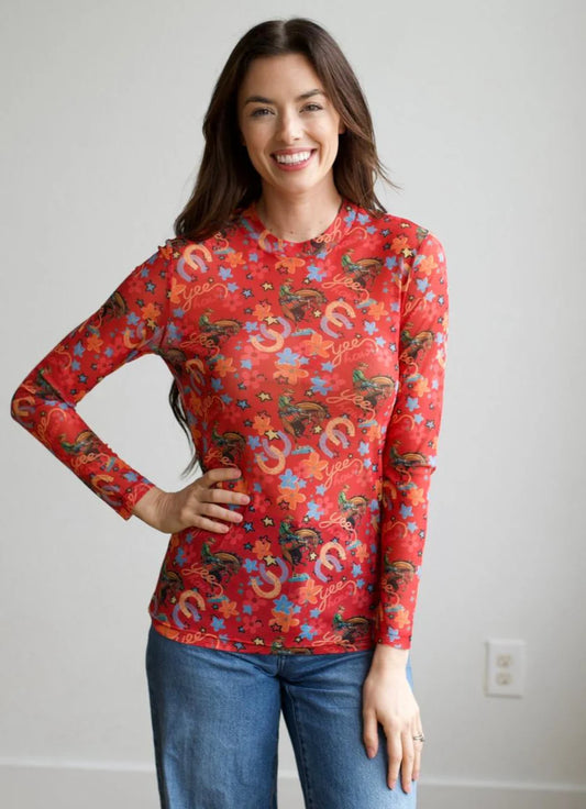 Red Yee Haw Long Sleeve Mesh Top