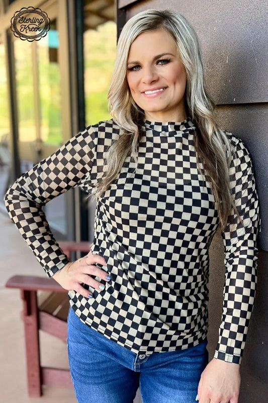 Sassy Saints Checkered Long Sleeve Mesh Top
