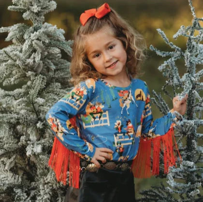 Girls Blue Country Christmas Top with Fringe