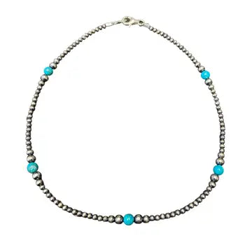 Blue Turquoise Desert Pearl Bead Necklace Sterling Silver -16