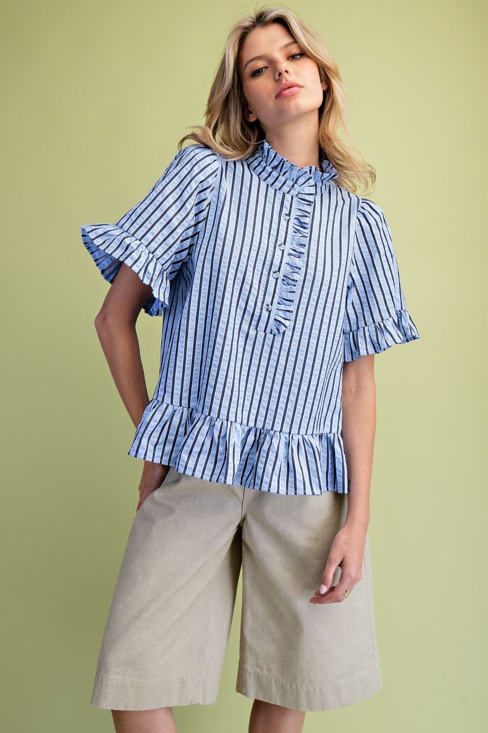 Blue Striped Woven Ruffle Bottom Blouse