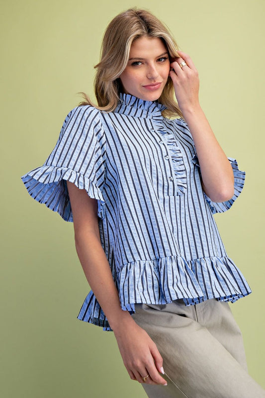 Blue Striped Woven Ruffle Bottom Blouse