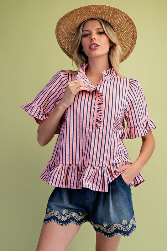 Coral Striped Woven Ruffle Bottom Blouse