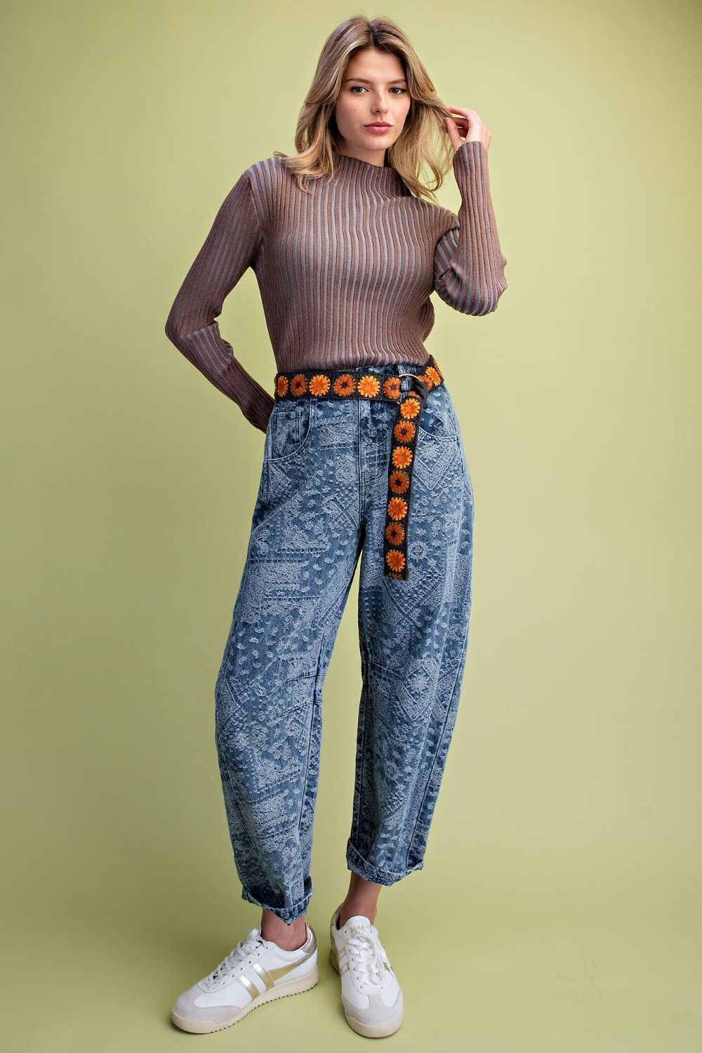Mock Neck Ribbed Mocha & Blue Sweater