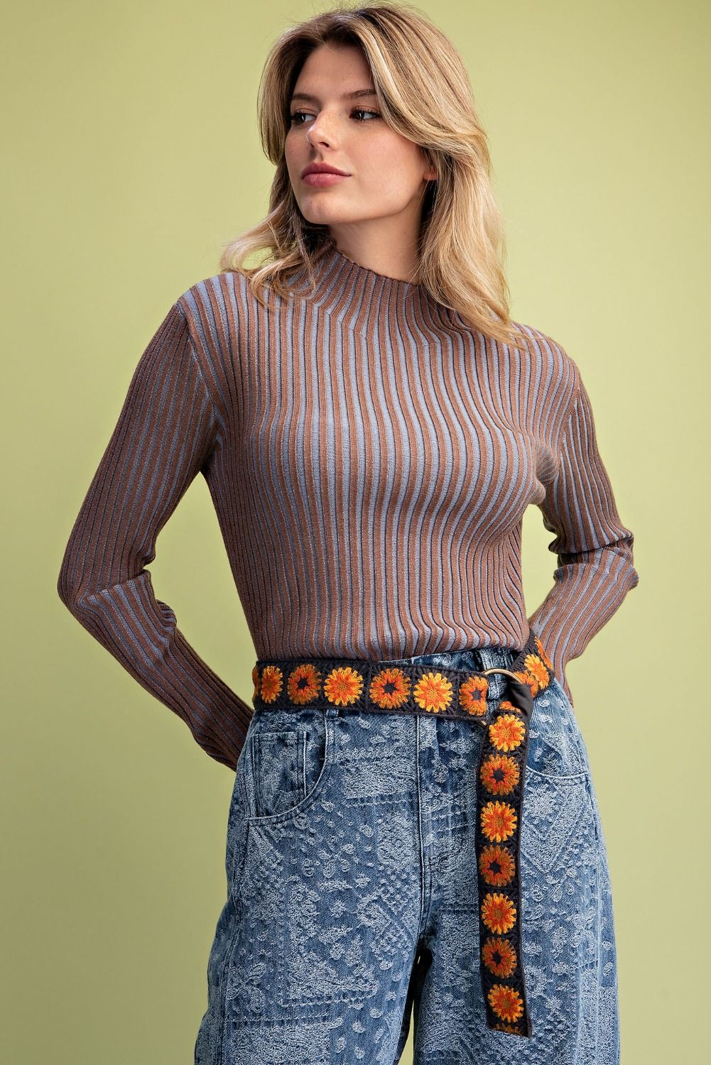 Mock Neck Ribbed Mocha & Blue Sweater