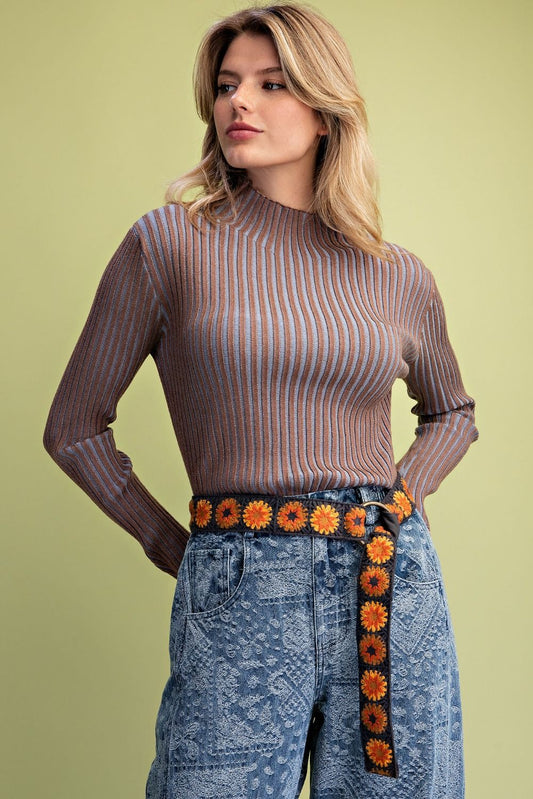 Mock Neck Ribbed Mocha & Blue Sweater