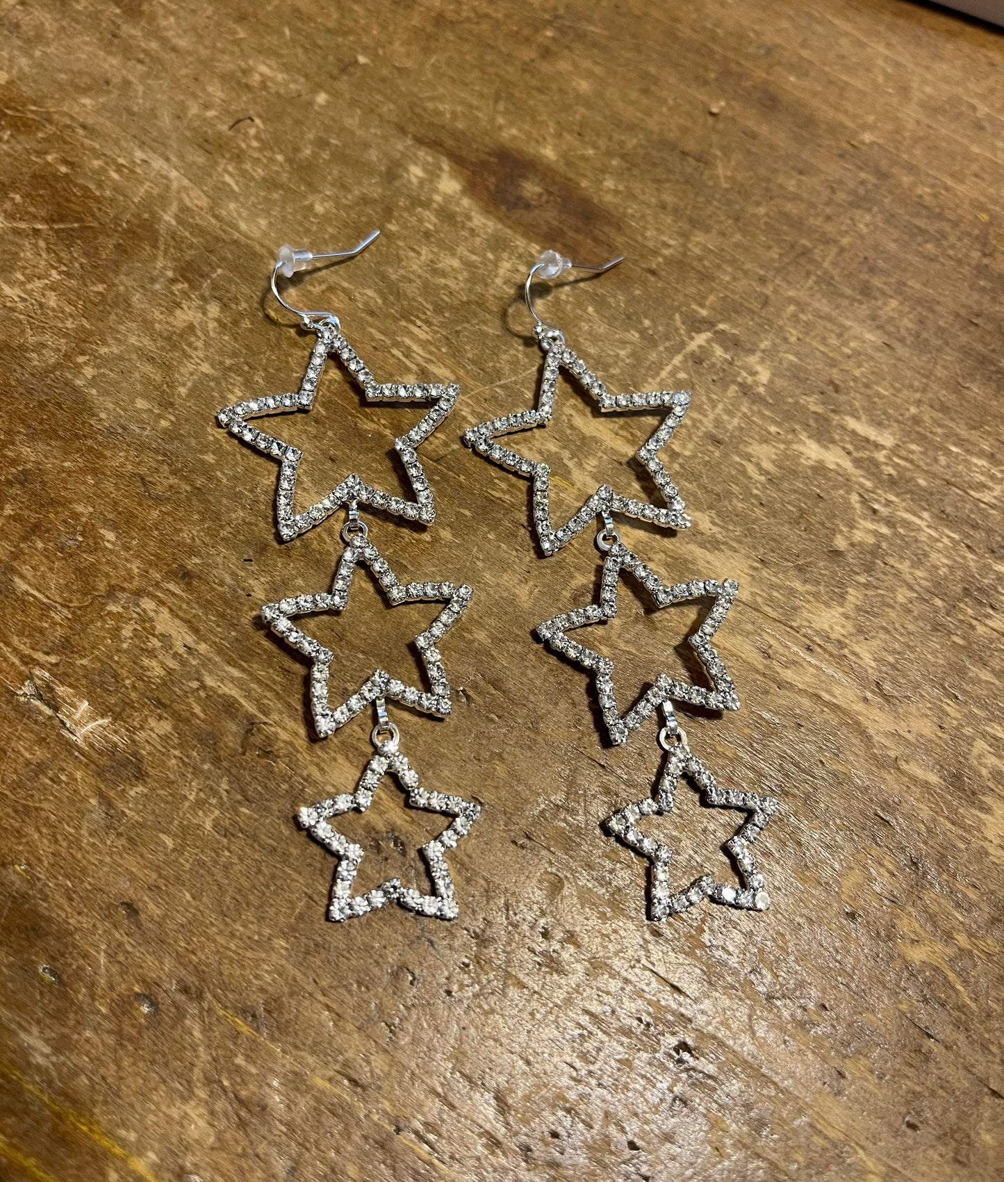Silver Rhinestone Triple Star Earrings