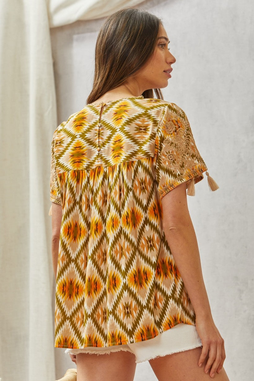 Olive Marigold Aztec Embroidered Top