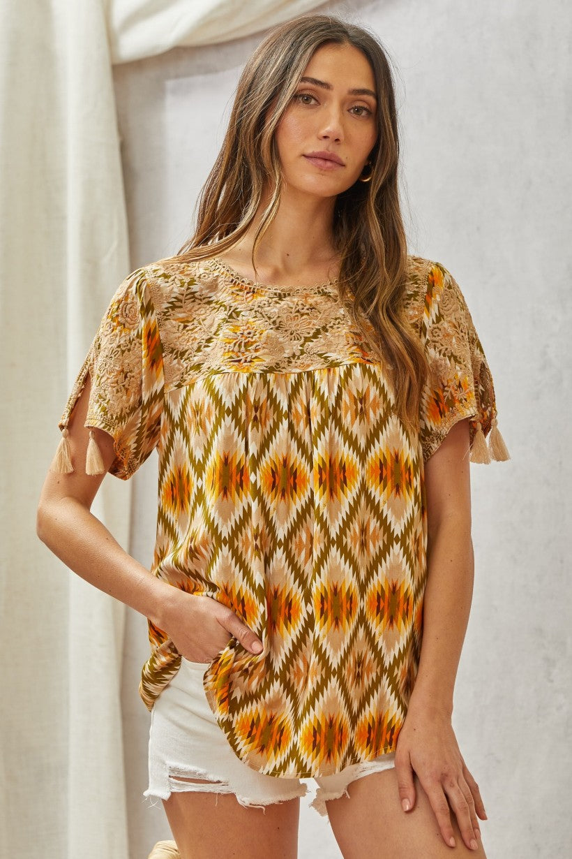 Olive Marigold Aztec Embroidered Top